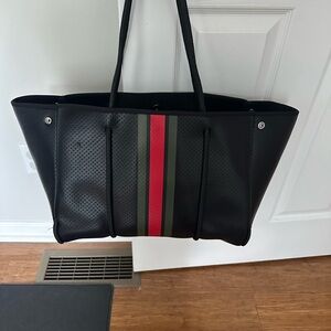 Stylish Black Tote Bag with Red and Green Stripes